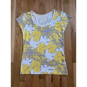 Vintage Yellow Gray Floral Hawaiian Print Scoop Neck T-shirt Fitted (size M)